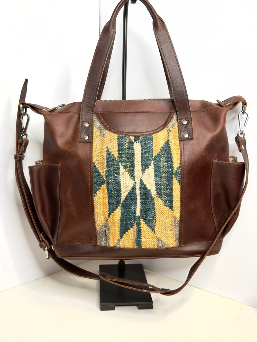 Western Look Convertible Brown Leather Tote with cross stitch Geo. Front Tote